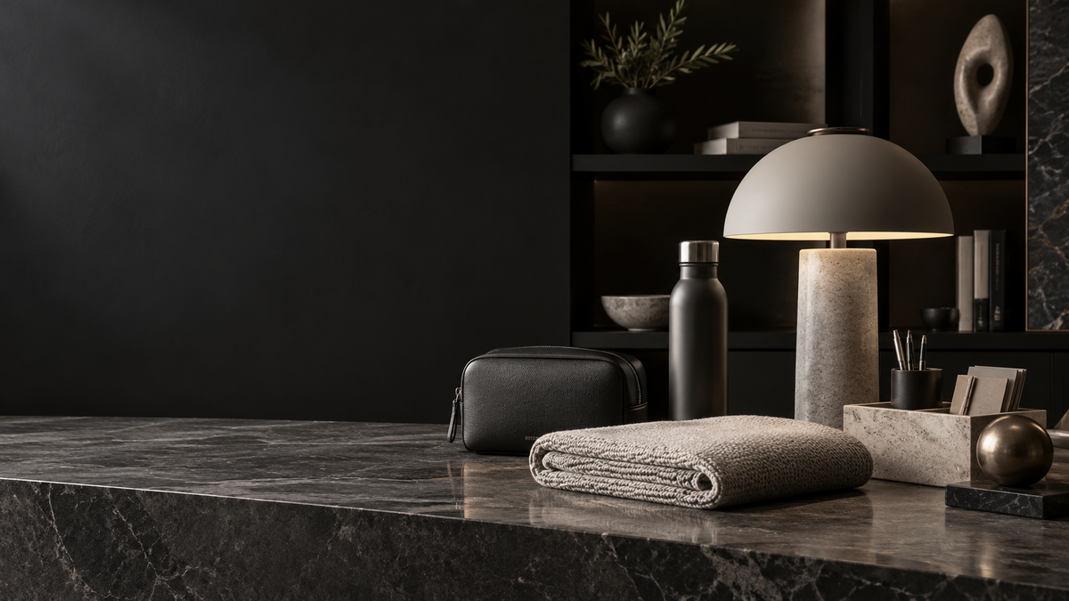 Composition éditoriale noire et blanche évoquant la maison, les accessoires pratiques et le lifestyle
